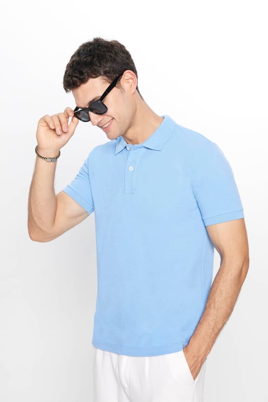 Erkek Slim Fit Dar Kesim Pamuklu Yumuşak Doku Nefes Alan Kumaş Kıvrılmaz Yaka Mavi Polo Yaka Tişört