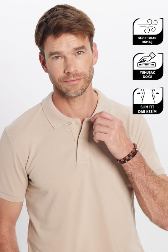 Erkek Slim Fit Dar Kesim Pamuklu Yumuşak Dokulu Serin Tutan Kumaş Düz Pike Taş Renk Polo Yaka Tişört