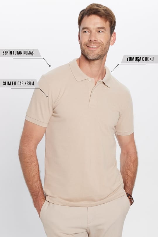 Erkek Slim Fit Dar Kesim Pamuklu Yumuşak Dokulu Serin Tutan Kumaş Düz Pike Taş Renk Polo Yaka Tişört