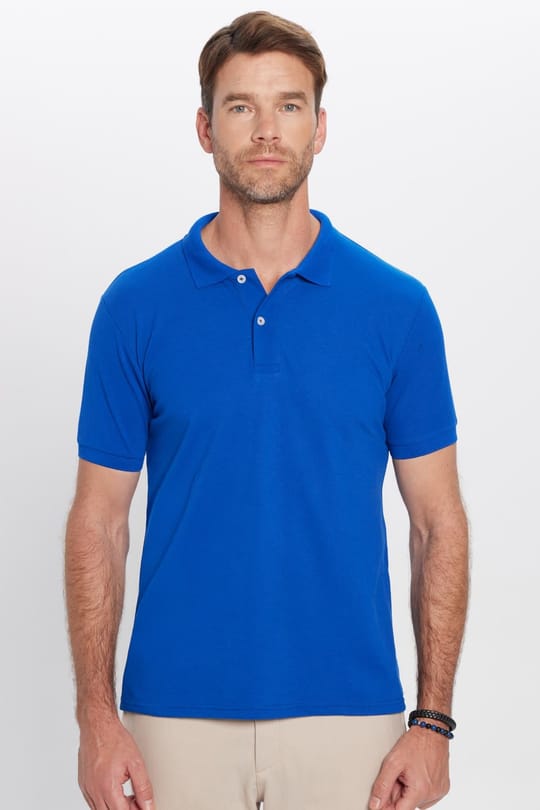 Erkek Slim Fit Dar Kesim Pamuklu Yumuşak Dokulu Serin Tutan Kumaş Düz Saks Mavi Polo Yaka Tişört