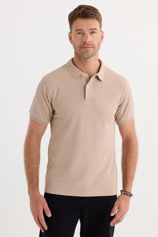 Erkek Slim Fit Dar Kesim Pamuklu Yumuşak Dokulu Serin Tutan Kumaş Düz Pike Bej Polo Yaka Tişört