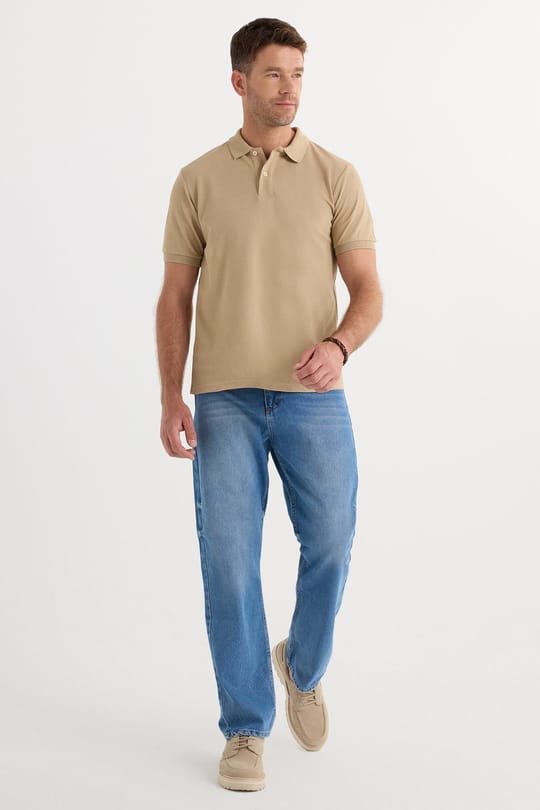 Erkek Slim Fit Dar Kesim Pamuklu Yumuşak Dokulu Serin Tutan Kumaş Düz Pike Bej Polo Yaka Tişört