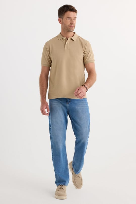 Erkek Slim Fit Dar Kesim Pamuklu Yumuşak Dokulu Serin Tutan Kumaş Düz Pike Bej Polo Yaka Tişört