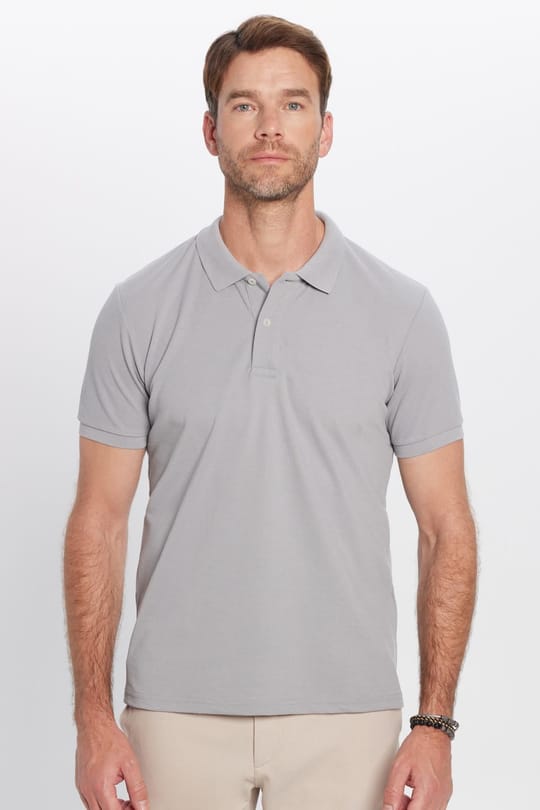 Erkek Slim Fit Dar Kesim Pamuklu Yumuşak Dokulu Serin Tutan Kumaş Düz Pike Gri Polo Yaka Tişört