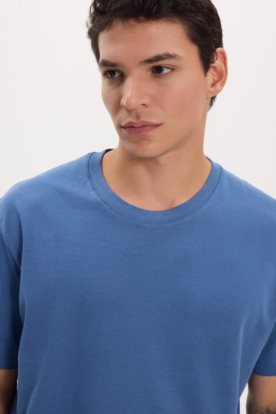 Unisex Relax Fit Rahat Kesim %100 Pamuk Yumuşak Dokulu Hafif Kalın Basic Bisiklet Yaka İndigo Tişört
