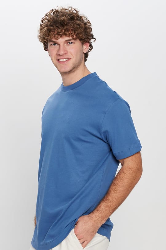 Unisex Relax Fit Rahat Kesim %100 Pamuk Yumuşak Dokulu Basic Bisiklet Yaka İndigo Tişört