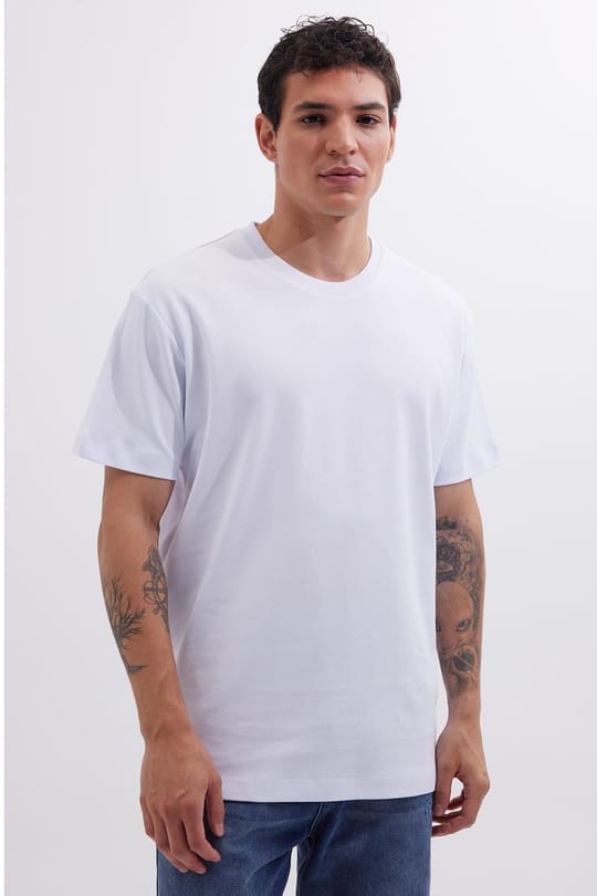 Unisex Relax Fit Rahat Kesim %100 Pamuk Yumuşak Dokulu Hafif Kalın Basic Bisiklet Yaka Beyaz Tişört