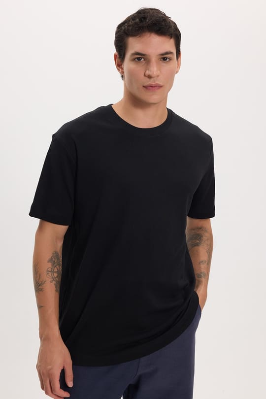 Unisex Relax Fit Rahat Kesim %100 Pamuk Yumuşak Dokulu Hafif Kalın Basic Bisiklet Yaka Siyah Tişört