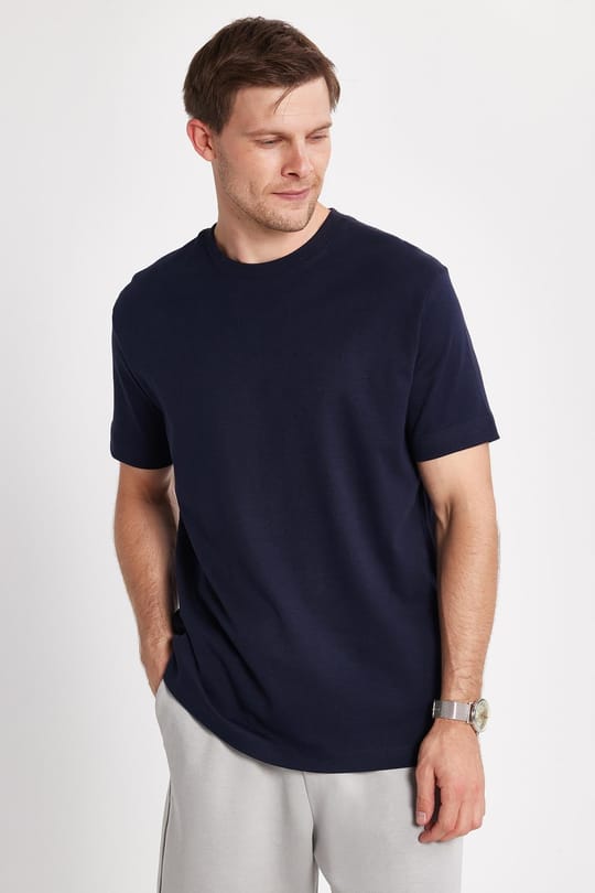 Unisex Relax Fit Rahat Kesim %100 Pamuk Yumuşak Dokulu Hafif Kalın Bisiklet Yaka Lacivert Tişört