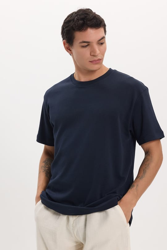 Unisex Relax Fit Rahat Kesim %100 Pamuk Yumuşak Dokulu Hafif Kalın Bisiklet Yaka Lacivert Tişört