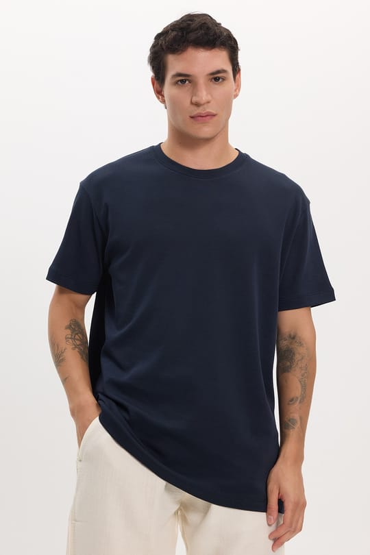 Unisex Relax Fit Rahat Kesim %100 Pamuk Yumuşak Dokulu Hafif Kalın Bisiklet Yaka Lacivert Tişört