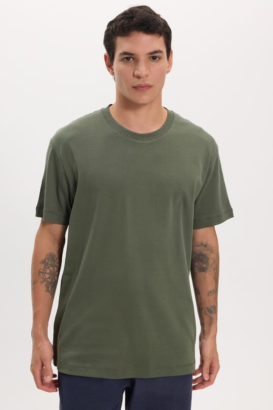 Unisex Relax Fit Rahat Kesim %100 Pamuk Yumuşak Dokulu Hafif Kalın Basic Bisiklet Yaka Haki Tişört