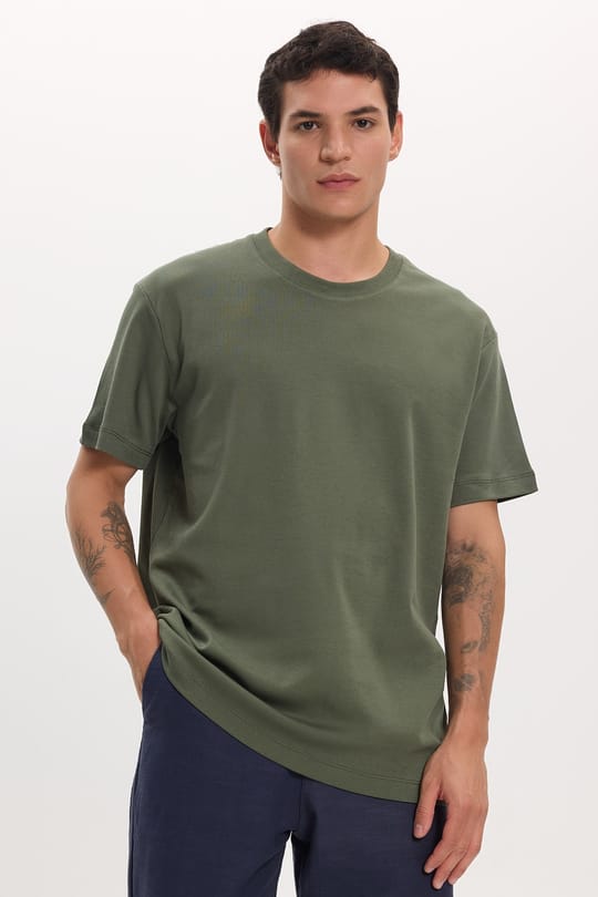 Unisex Relax Fit Rahat Kesim %100 Pamuk Yumuşak Dokulu Hafif Kalın Basic Bisiklet Yaka Haki Tişört