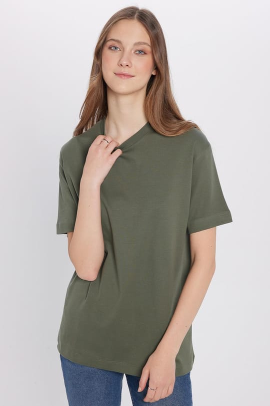 Unisex Relax Fit Rahat Kesim %100 Pamuk Yumuşak Dokulu Hafif Kalın Basic Bisiklet Yaka Haki Tişört