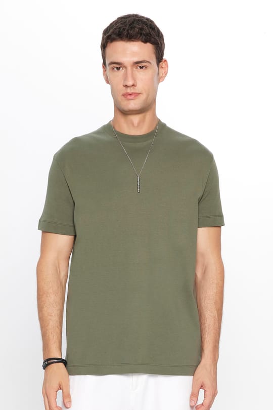 Unisex Relax Fit Rahat Kesim %100 Pamuk Yumuşak Dokulu Hafif Kalın Basic Bisiklet Yaka Haki Tişört