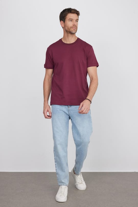 Unisex Relax Fit Rahat Kesim %100 Pamuk Yumuşak Dokulu Hafif Kalın Bordo Bisiklet Yaka Tişört