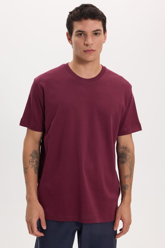 Unisex Relax Fit Rahat Kesim %100 Pamuk Yumuşak Dokulu Hafif Kalın Bordo Bisiklet Yaka Tişört