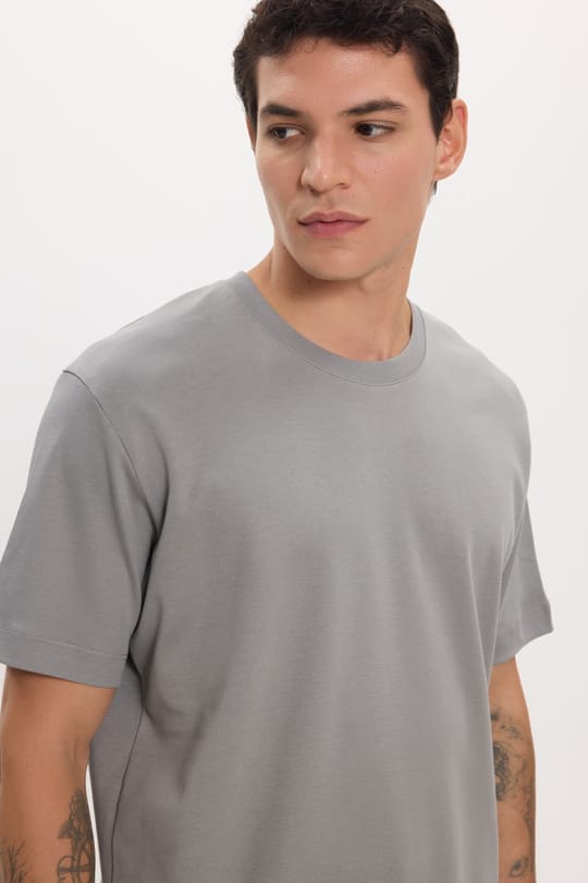 Unisex Relax Fit Rahat Kesim %100 Pamuk Yumuşak Dokulu Hafif Kalın Gri Bisiklet Yaka Tişört