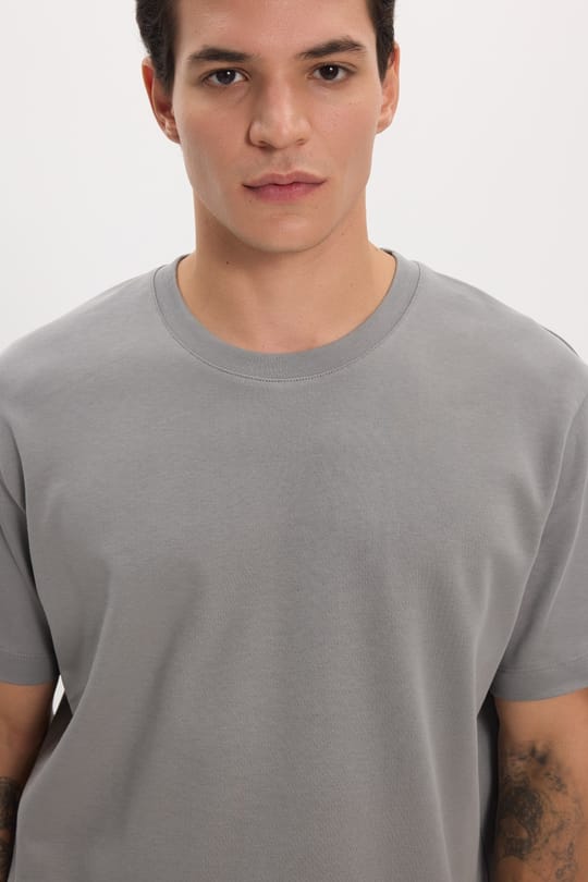 Unisex Relax Fit Rahat Kesim %100 Pamuk Yumuşak Dokulu Hafif Kalın Gri Bisiklet Yaka Tişört