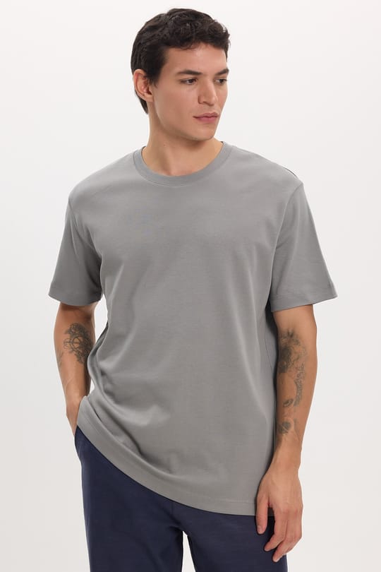 Unisex Relax Fit Rahat Kesim %100 Pamuk Yumuşak Dokulu Hafif Kalın Gri Bisiklet Yaka Tişört