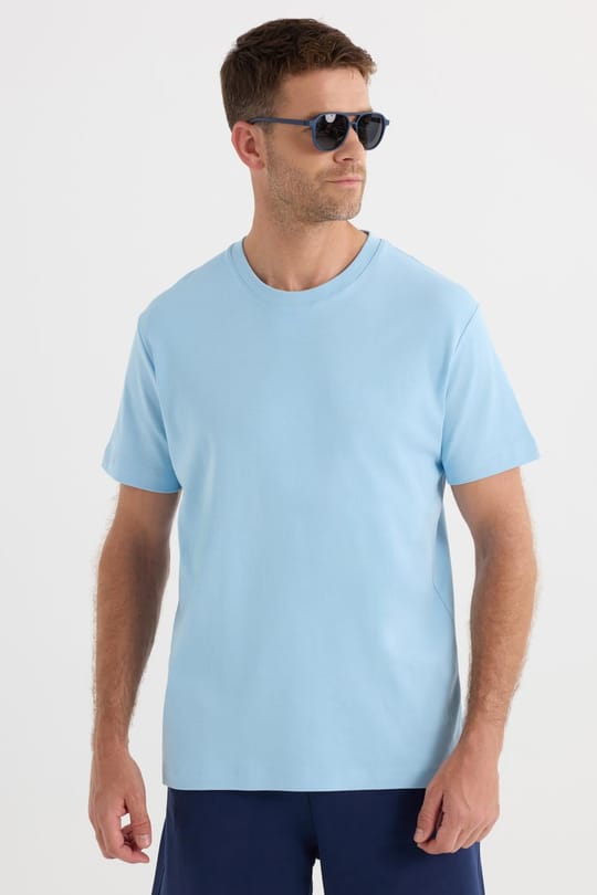 Unisex Relax Fit Rahat Kesim %100 Pamuk Yumuşak Dokulu Hafif Kalın Mavi Bisiklet Yaka Tişört