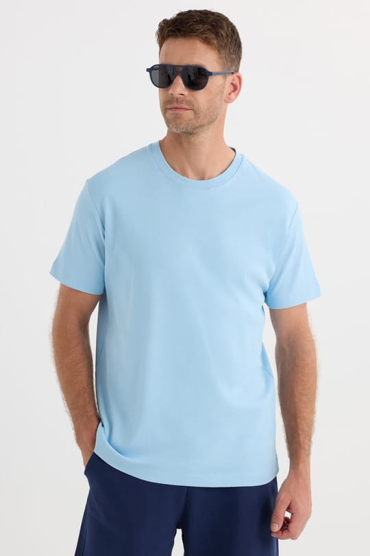 Unisex Relax Fit Rahat Kesim %100 Pamuk Yumuşak Dokulu Hafif Kalın Mavi Bisiklet Yaka Tişört