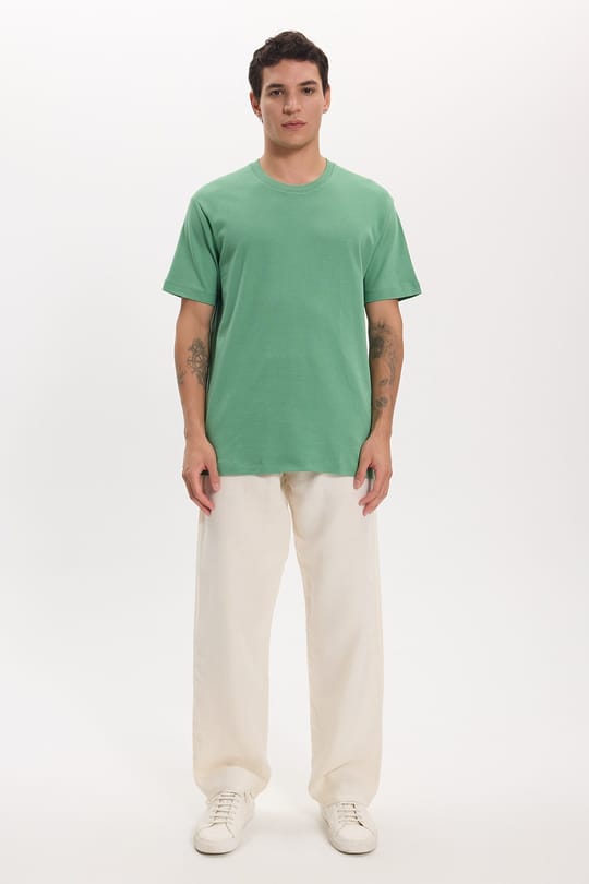 Unisex Relax Fit Rahat Kesim %100 Pamuk Yumuşak Dokulu Hafif Kalın Yeşil Bisiklet Yaka Tişört