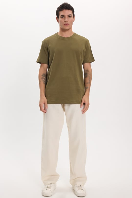 Unisex Relax Fit Rahat Kesim %100 Pamuk Yumuşak Dokulu Hafif Kalın Haki Bisiklet Yaka Tişört