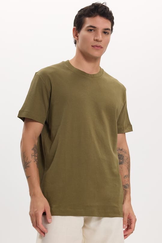Unisex Relax Fit Rahat Kesim %100 Pamuk Yumuşak Dokulu Hafif Kalın Haki Bisiklet Yaka Tişört