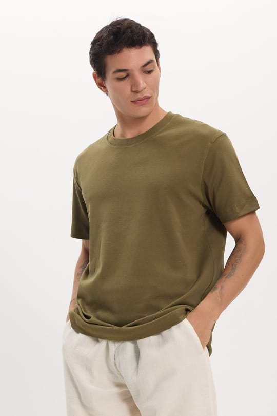 Unisex Relax Fit Rahat Kesim %100 Pamuk Yumuşak Dokulu Hafif Kalın Haki Bisiklet Yaka Tişört