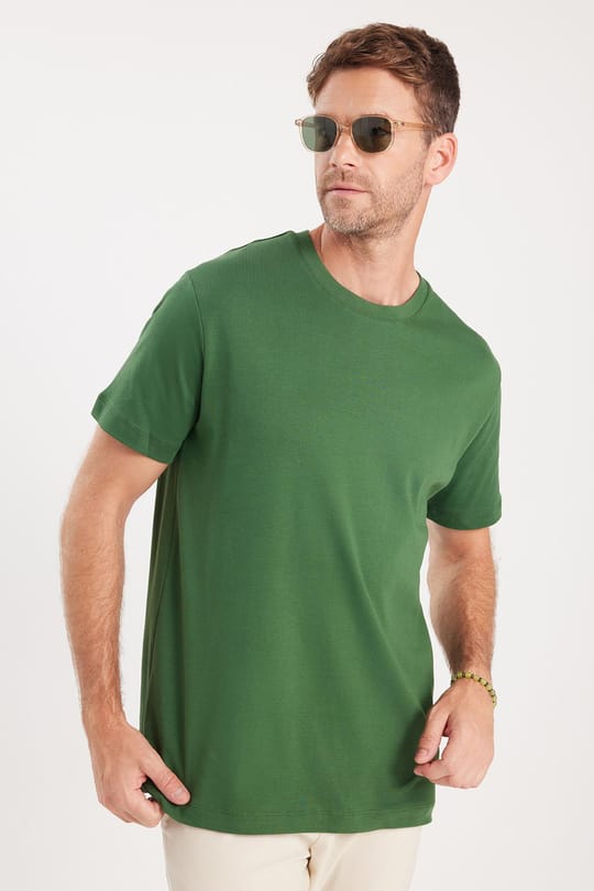 Unisex Relax Fit Rahat Kesim %100 Pamuk Yumuşak Dokulu Hafif Kalın Koyu Yeşil Bisiklet Yaka Tişört