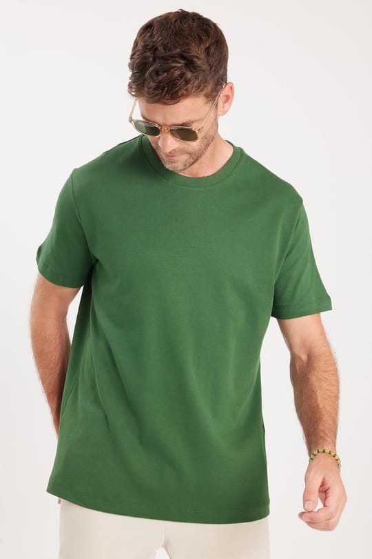 Unisex Relax Fit Rahat Kesim %100 Pamuk Yumuşak Dokulu Hafif Kalın Koyu Yeşil Bisiklet Yaka Tişört