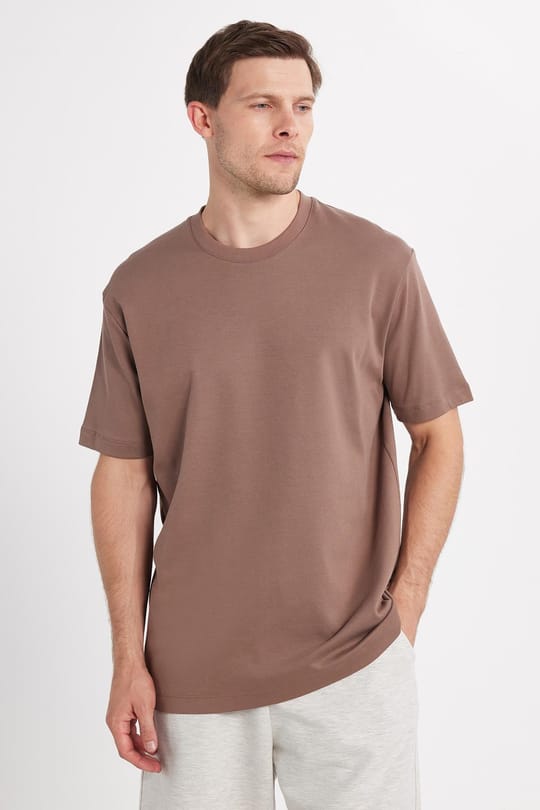 Unisex Relax Fit Rahat Kesim %100 Pamuk Yumuşak Dokulu Hafif Kalın Kahverengi Bisiklet Yaka Tişört