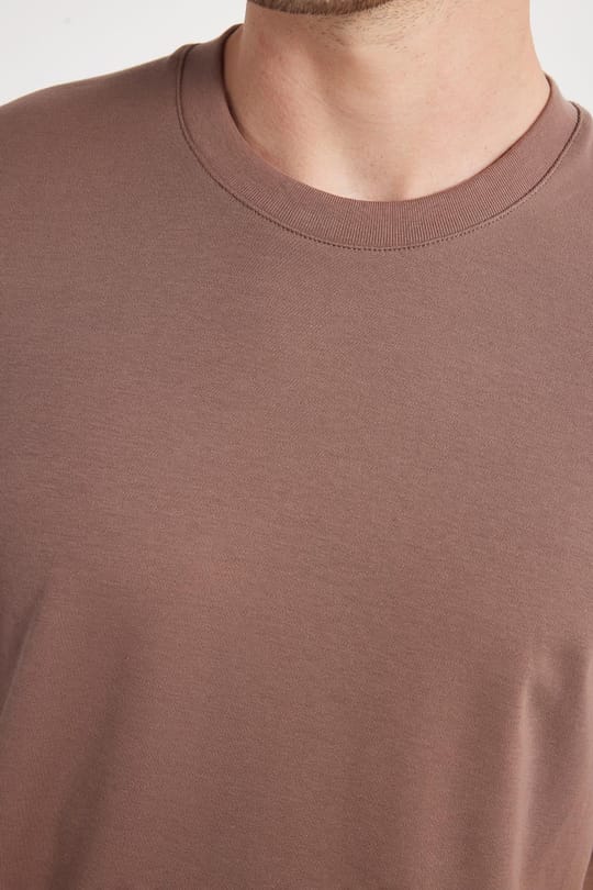 Unisex Relax Fit Rahat Kesim %100 Pamuk Yumuşak Dokulu Hafif Kalın Kahverengi Bisiklet Yaka Tişört