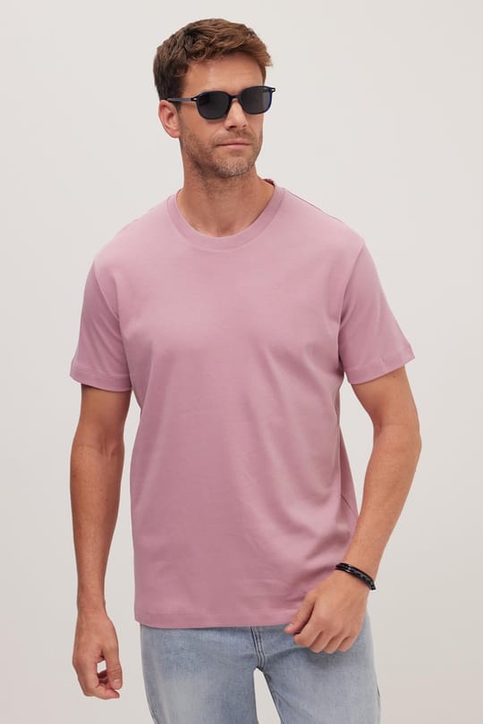 Unisex Relax Fit Rahat Kesim %100 Pamuk Yumuşak Dokulu Hafif Kalın Lila Bisiklet Yaka Tişört