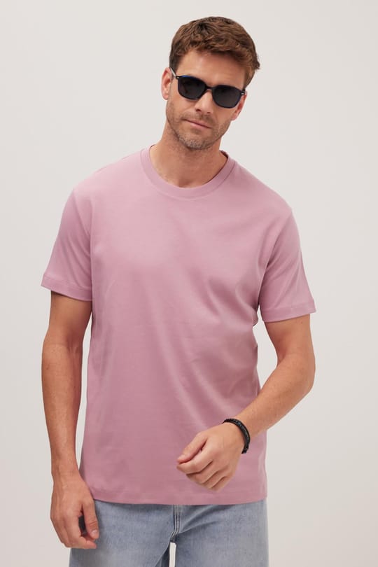 Unisex Relax Fit Rahat Kesim %100 Pamuk Yumuşak Dokulu Hafif Kalın Lila Bisiklet Yaka Tişört