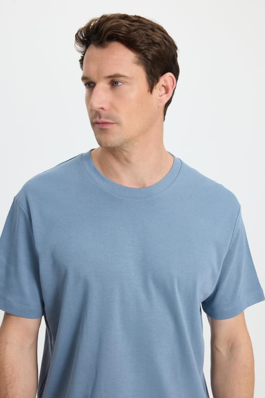 Unisex Relax Fit Rahat Kesim %100 Pamuk Yumuşak Dokulu Hafif Kalın Basic Bisiklet Yaka Mavi Tişört