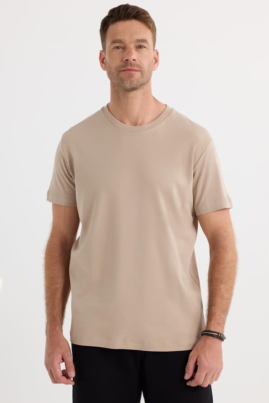 Unisex Relax Fit Rahat Kesim %100 Pamuk Yumuşak Dokulu Hafif Kalın Bej Bisiklet Yaka Tişört