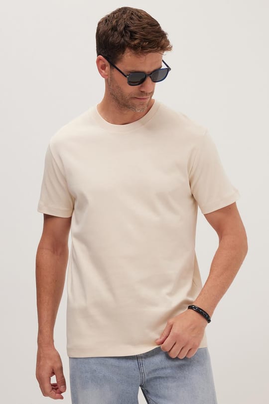 Unisex Relax Fit Rahat Kesim %100 Pamuk Yumuşak Dokulu Hafif Kalın Bej Bisiklet Yaka Tişört