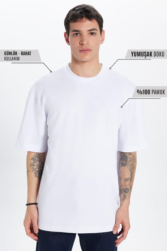 Unisex Oversize Geniş Kesim %100 Pamuk Yumuşak Dokulu Basic Bisiklet Yaka Beyaz Tişört
