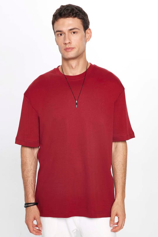 Unisex Oversize Geniş Kesim %100 Pamuk Yumuşak Dokulu Basic Bisiklet Yaka Bordo Tişört