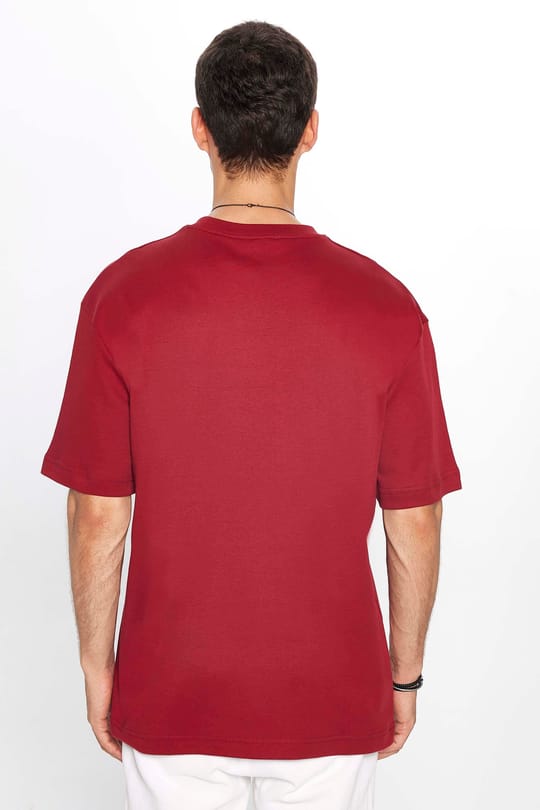 Unisex Oversize Geniş Kesim %100 Pamuk Yumuşak Dokulu Basic Bisiklet Yaka Bordo Tişört