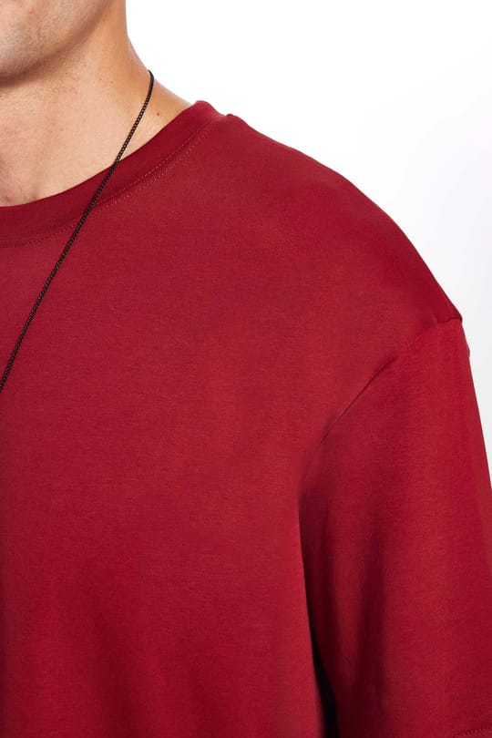 Unisex Oversize Geniş Kesim %100 Pamuk Yumuşak Dokulu Basic Bisiklet Yaka Bordo Tişört