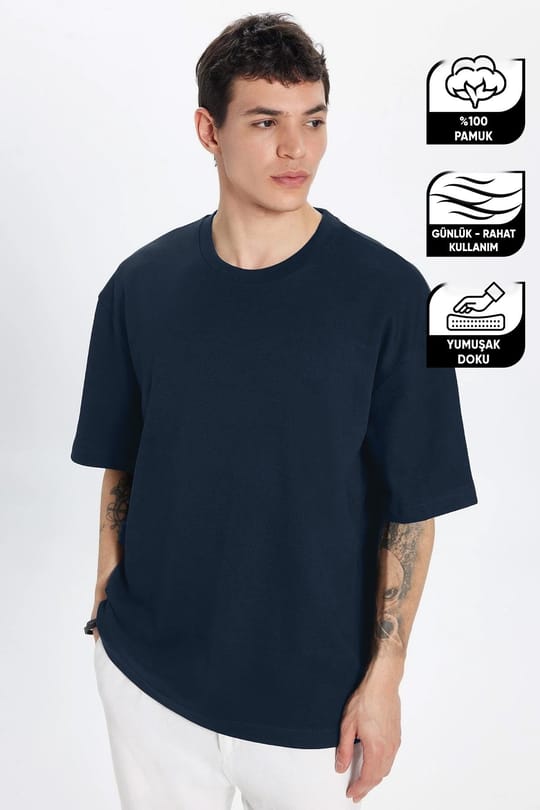 Unisex Oversize Geniş Kesim %100 Pamuk Yumuşak Dokulu Basic Bisiklet Yaka Lacivert Tişört