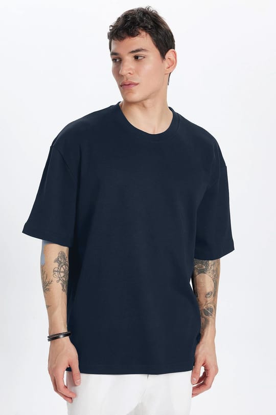 Unisex Oversize Geniş Kesim %100 Pamuk Yumuşak Dokulu Basic Bisiklet Yaka Lacivert Tişört