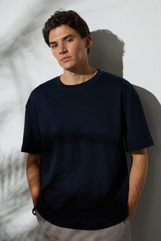Unisex Oversize Geniş Kesim %100 Pamuk Yumuşak Dokulu Basic Bisiklet Yaka Lacivert Tişört