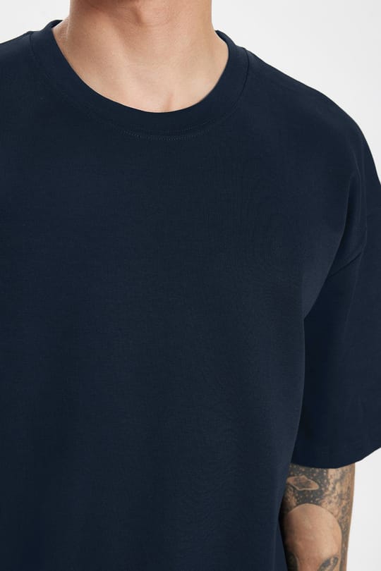 Unisex Oversize Geniş Kesim %100 Pamuk Yumuşak Dokulu Basic Bisiklet Yaka Lacivert Tişört