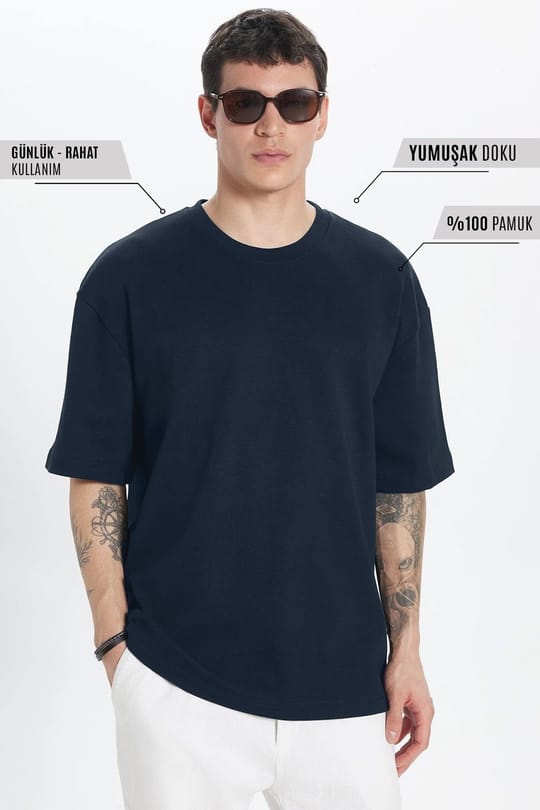 Unisex Oversize Geniş Kesim %100 Pamuk Yumuşak Dokulu Basic Bisiklet Yaka Lacivert Tişört