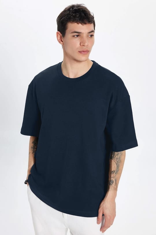 Unisex Oversize Geniş Kesim %100 Pamuk Yumuşak Dokulu Basic Bisiklet Yaka Lacivert Tişört