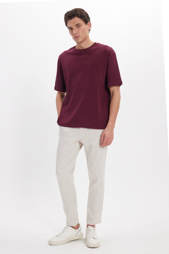 Unisex Oversize Geniş Kesim %100 Pamuk Yumuşak Dokulu Basic Bisiklet Yaka Bordo Tişört